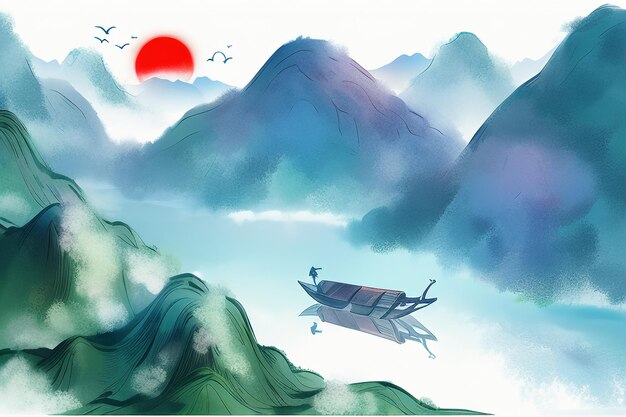 Chinese watercolor ink style sun mountain bird boat tree landscape painting abstract art wallpaper