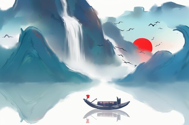 Chinese watercolor ink style sun mountain bird boat tree landscape painting abstract art wallpaper