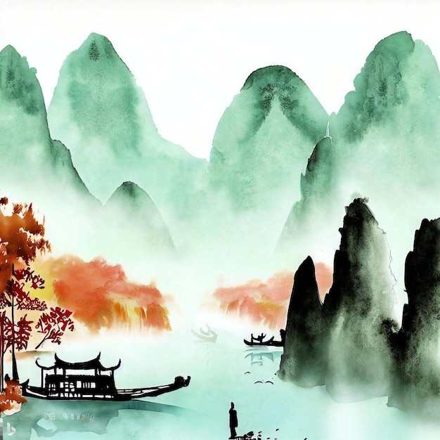 Chinese watercolor ink style sun mountains cherry blossom trees birds and a river wallpaper