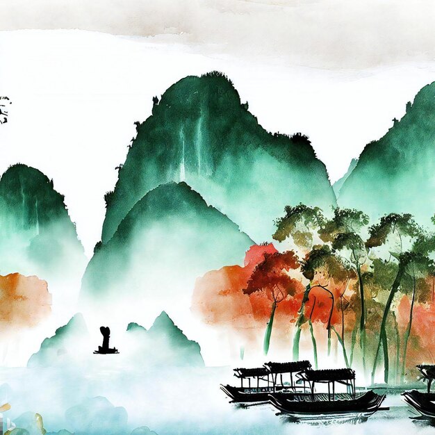 Chinese watercolor ink style sun mountains cherry blossom trees birds and a river wallpaper