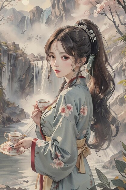Chinese watercolor ink style young beautiful beauty landscape illustration wallpaper background