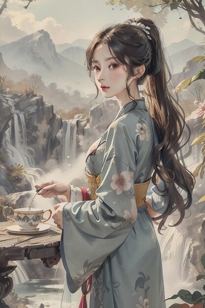 Chinese watercolor ink style young beautiful beauty landscape illustration wallpaper background