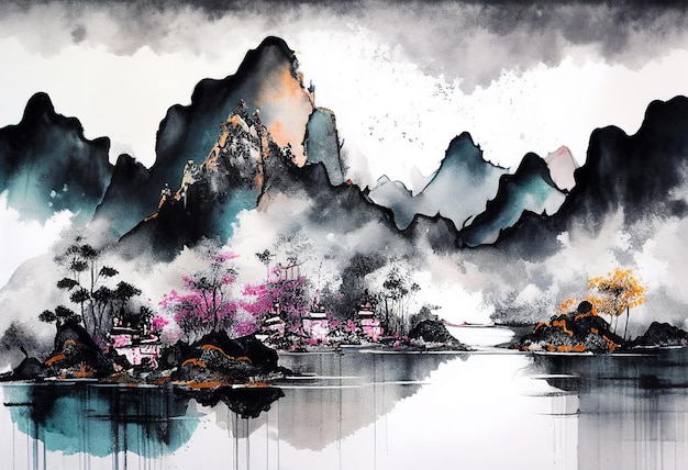 Chinese watercolor landscape painting