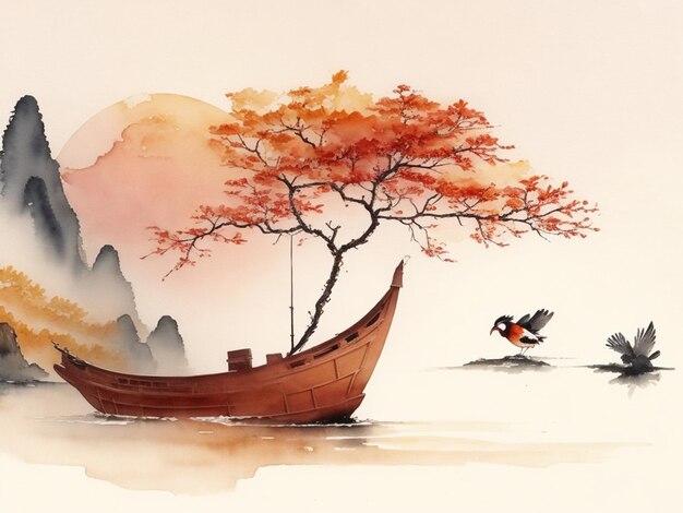 Chinese waterverf inkt stijl zon berg vogel boot boom landschap schilderij abstracte kunst behang