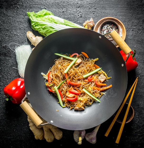 Photo chinese wok ingredients for cooking funchoza with vegetables