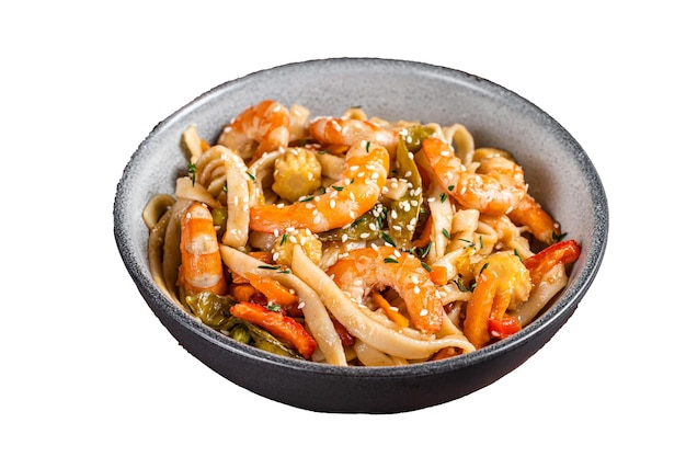 Chinese wok Stirfry udon seafood noodles with shrimp prawns in a bowl Isolated on white background