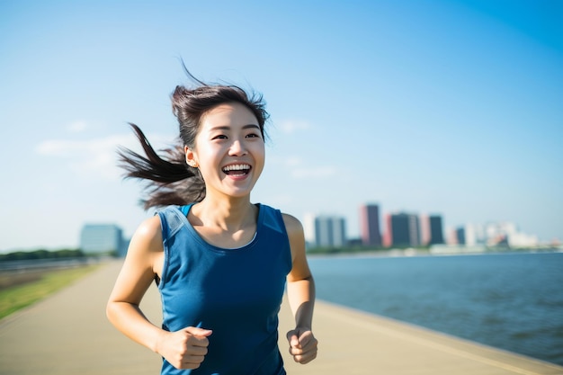 Chinese woman aged 25 running outdoors with a sense of training enthusiasm happiness