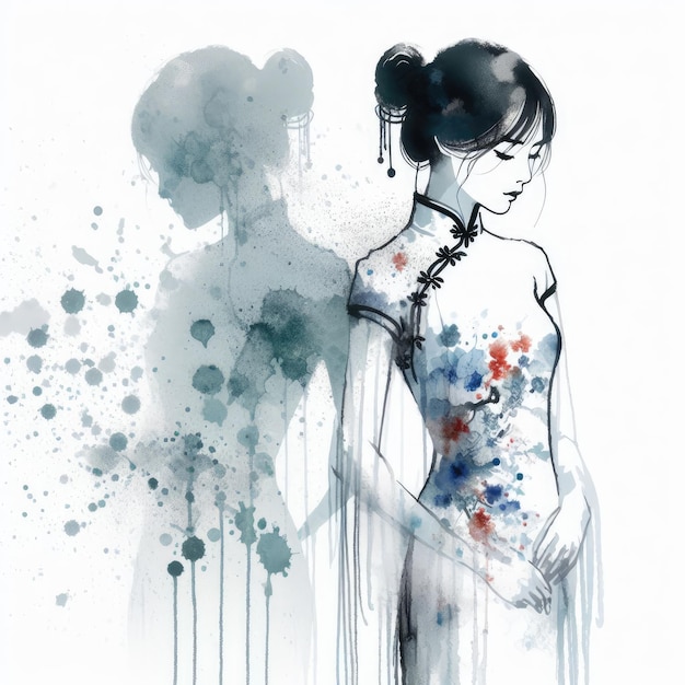 Foto donna cinese in abito cheongsam in pittura a inchiostro con ia generativa