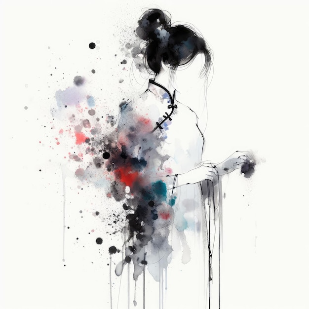 Chinese woman in cheongsam dress in splash ink painting with Generative AI