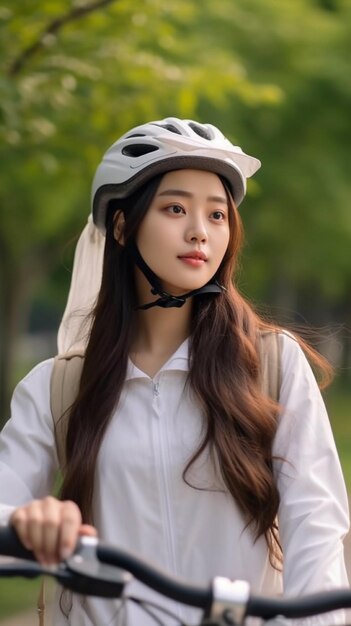 Photo chinese woman cycling in the park