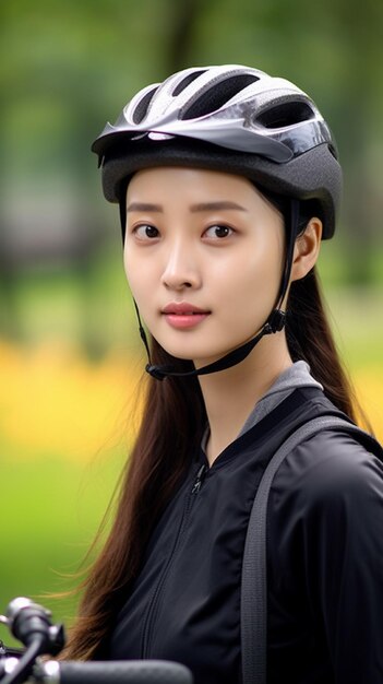 공원에서 자전거를 타는 중국인 여성