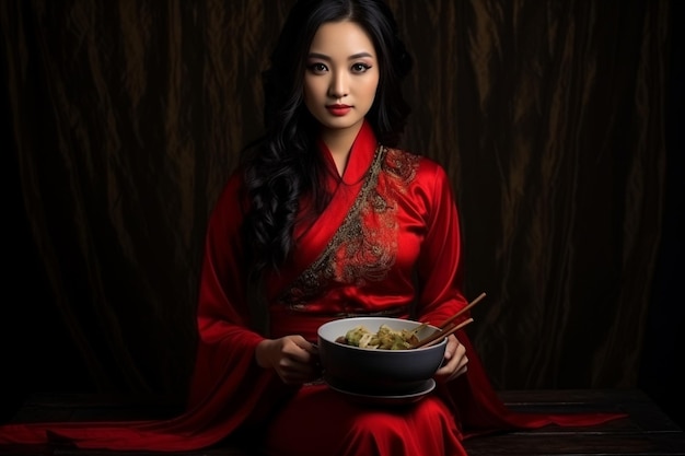 Foto donna cinese che mangia tagliatelle.