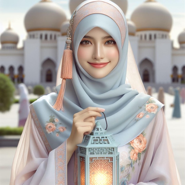 Chinese woman in hijab wearing modern gamis pastel color