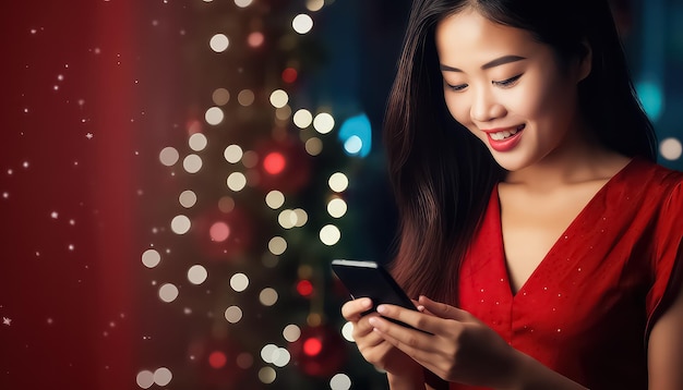 携帯電話を手に持っている中国人女性新年のコンセプト
