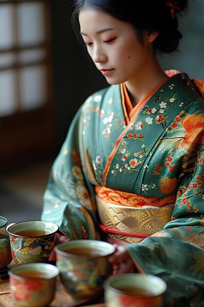 A chinese woman is dressed in a long kimono drinking tea