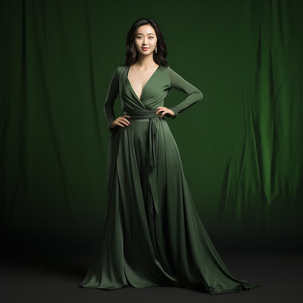 Фото Китайская женщина позирует на зеленом фоне