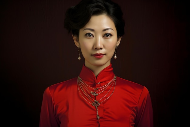 Foto una donna cinese con un filo di diamante rosso cheongsam
