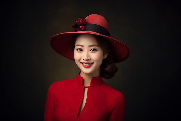 A chinese woman in a red cheongsam graceful smile dark background color contrast photography