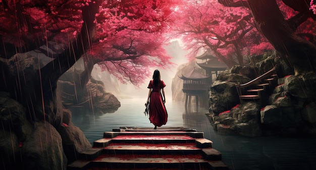 chinese woman in red walking under the cherry blossoms in the style of epic fantasy scenes