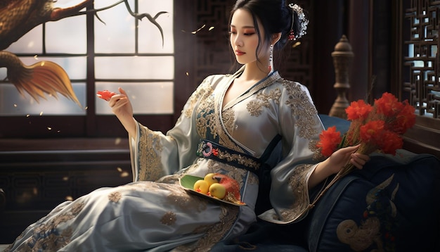 Китайская женщина в традиционной китайской одежде с черными волосами