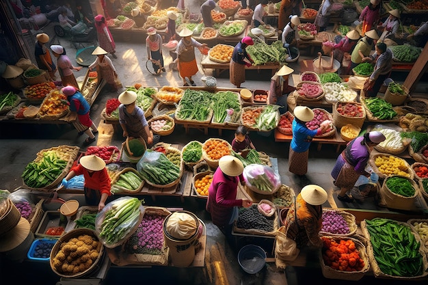 中国の女性は野菜市場で新鮮な野菜を選びます