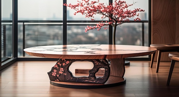 chinese wooden table with a blossoming cherry tree in the style of soothing landscapes