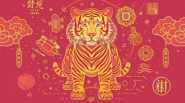 Photo in chinese you wish you good fortune wealth and prosperity in the year of the tiger outline illustration of the tiger wealth decorations and a red envelope filled with gold coins