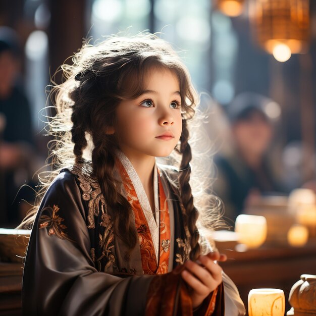 A Chinese young girl aged three or four dressed in ancient attire is in a Taoist temple praying