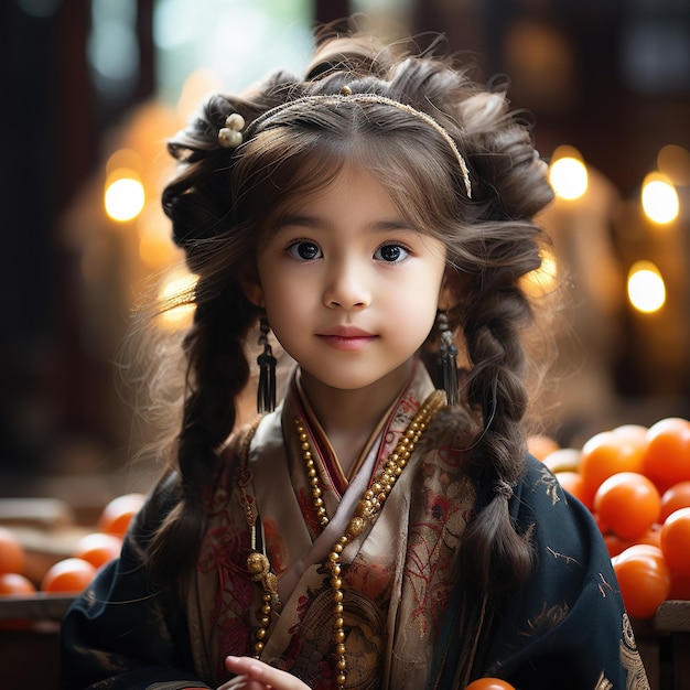 A Chinese young girl aged three or four dressed in ancient attire is in a Taoist temple praying