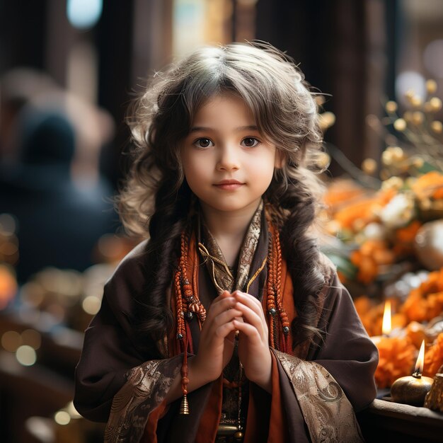 Photo a chinese young girl aged three or four dressed in ancient attire is in a taoist temple praying