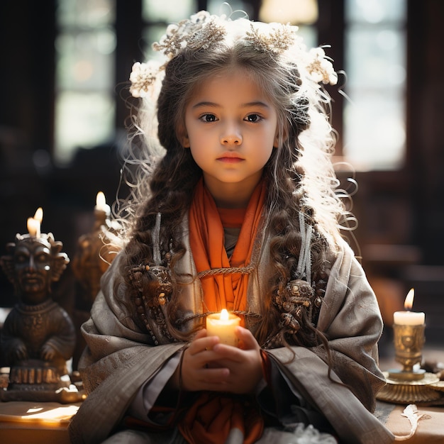 A Chinese young girl aged three or four dressed in ancient attire is in a Taoist temple praying