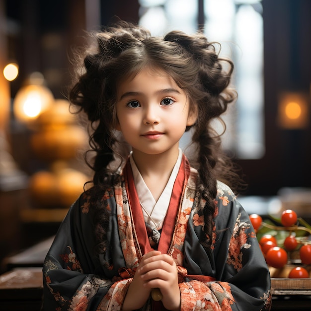 A Chinese young girl aged three or four dressed in ancient attire is in a Taoist temple praying