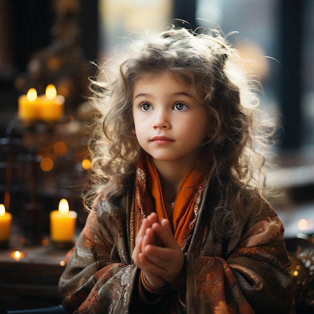 Photo a chinese young girl aged three or four dressed in ancient attire is in a taoist temple praying