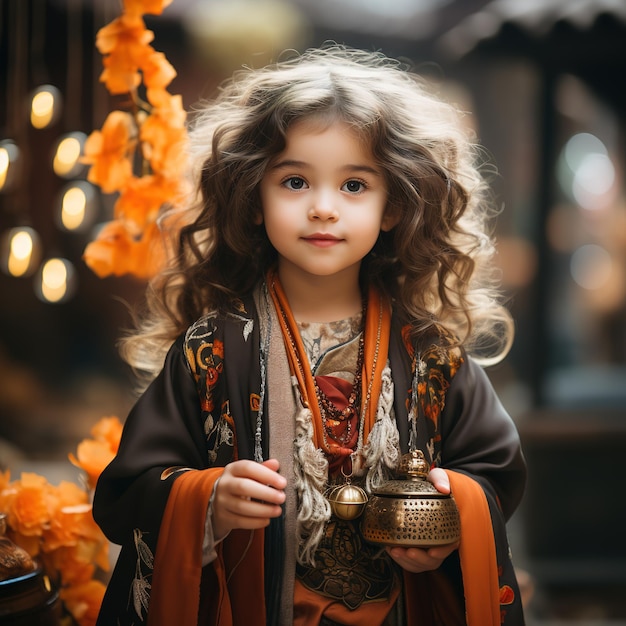 Photo a chinese young girl aged three or four dressed in ancient attire is in a taoist temple praying