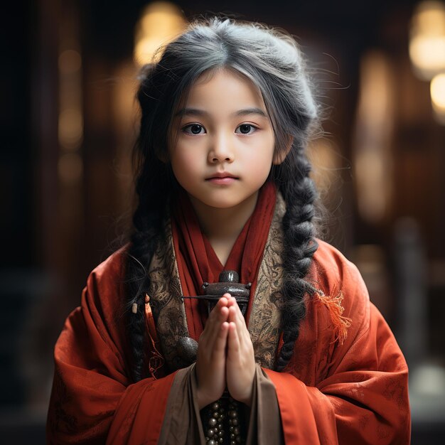 A Chinese young girl aged three or four dressed in ancient attire is in a Taoist temple praying