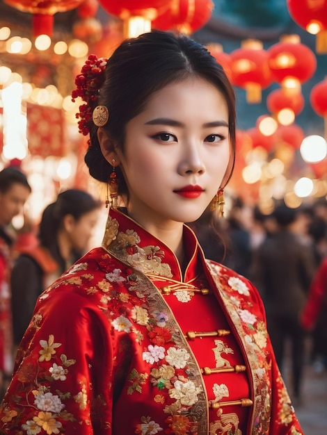 新年を祝う中国人の若い女性