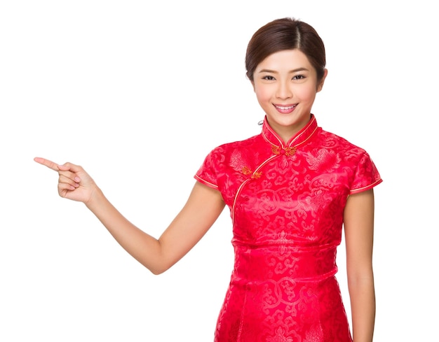 Chinese young woman with finger point up