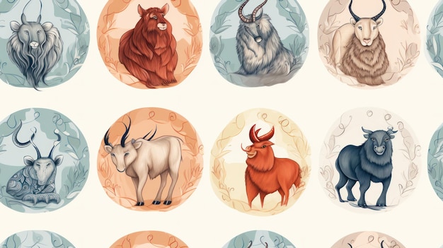 Chinese Zodiac Animals Watercolor Style Seamless Pattern AI Generated