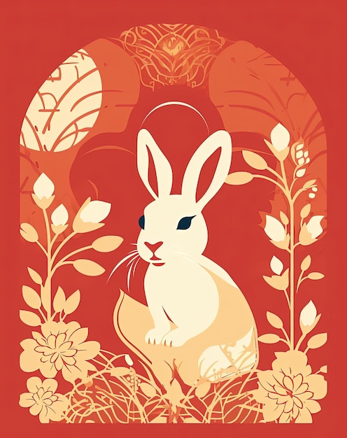 chinese zodiac card with rabbit on a red background