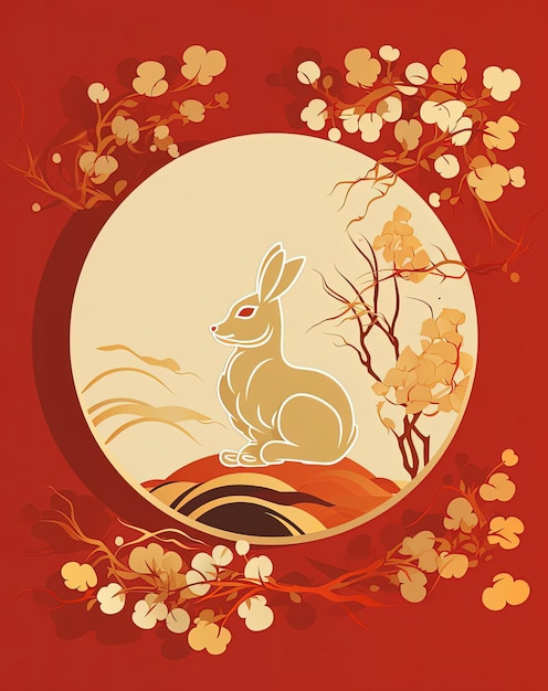 chinese zodiac card with rabbit on a red background