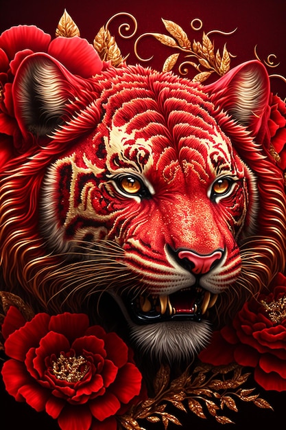 Photo chinese zodiac red tiger head and red flower design