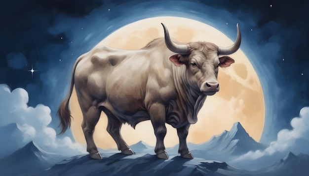 Chinese zodiac sign Ox a cow with a full moon in the background