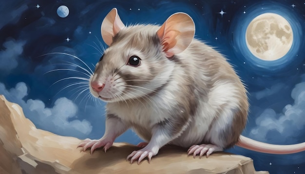 Chinese zodiac sign Rat a mouse sits on a rock with the stars in the background