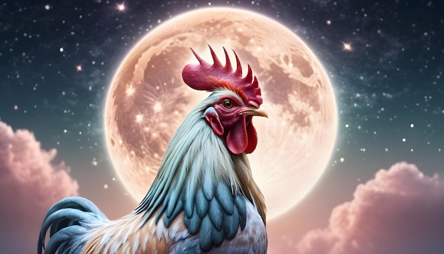 Chinese zodiac sign Rooster beautiful universe background full moon stars astrology
