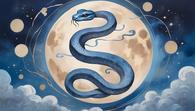 Chinese zodiac sign snake a blue snake with a full moon in the background