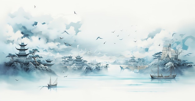 Chinesestyle antique wallpaper depicting an ancient boat cruising on the river