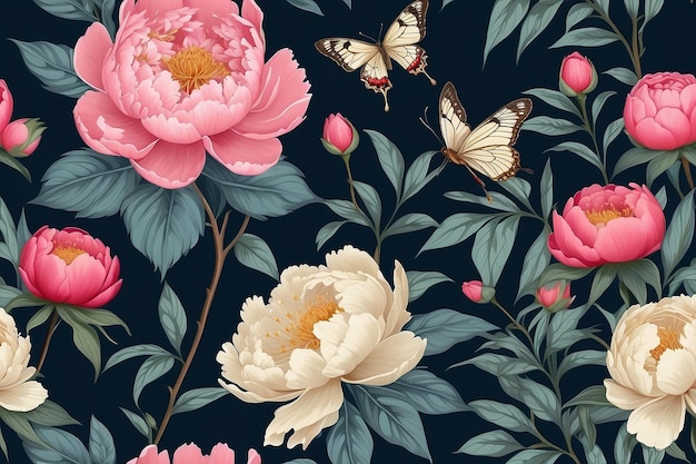 Photo chinoiseries style seamless pattern with peonies trees butterfly and birds vector