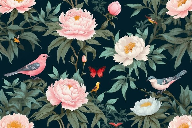 Chinoiseries style Seamless pattern with peonies trees butterfly and birds Vector