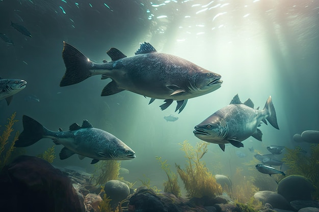 Chinook Salmon Fish Underwater Lush Nature by Generative AI