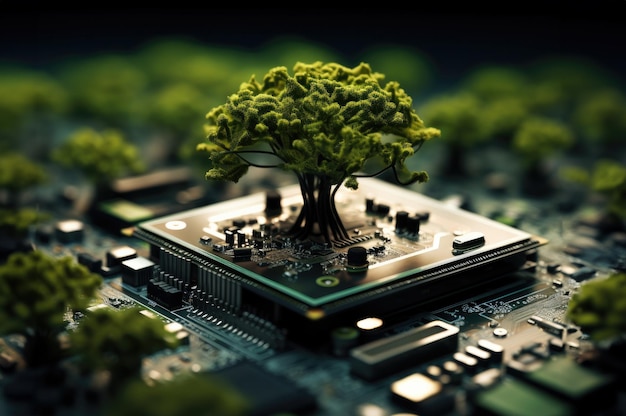 chip on motherboard grows a tree concept of science technology and environmental protection